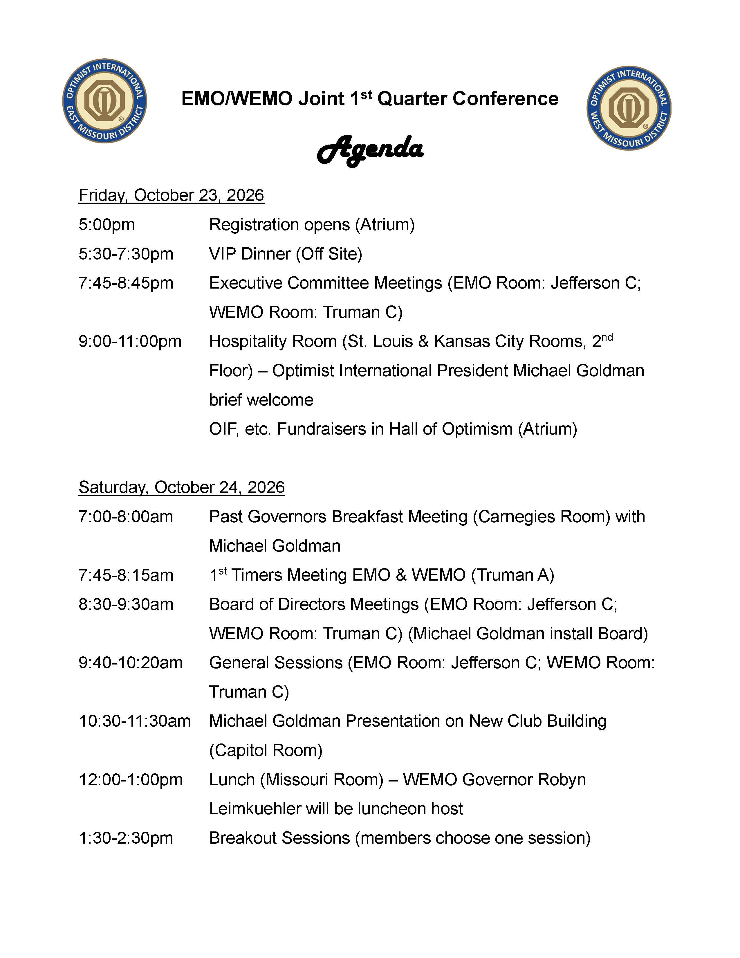 Conference agenda page 1 — Friday October 23 and Saturday October 24 schedule