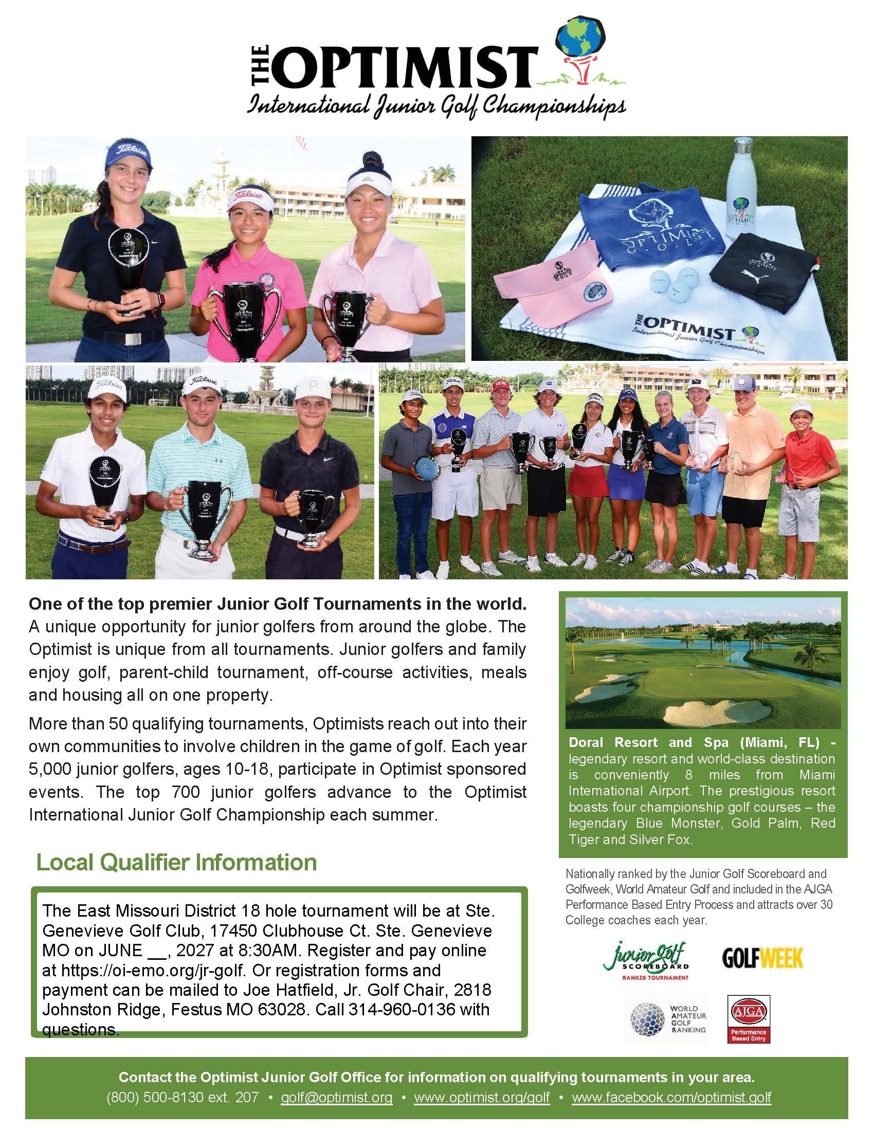 Optimist International Junior Golf Championships informational flyer — tournament details, local qualifier information, and Doral Resort venue