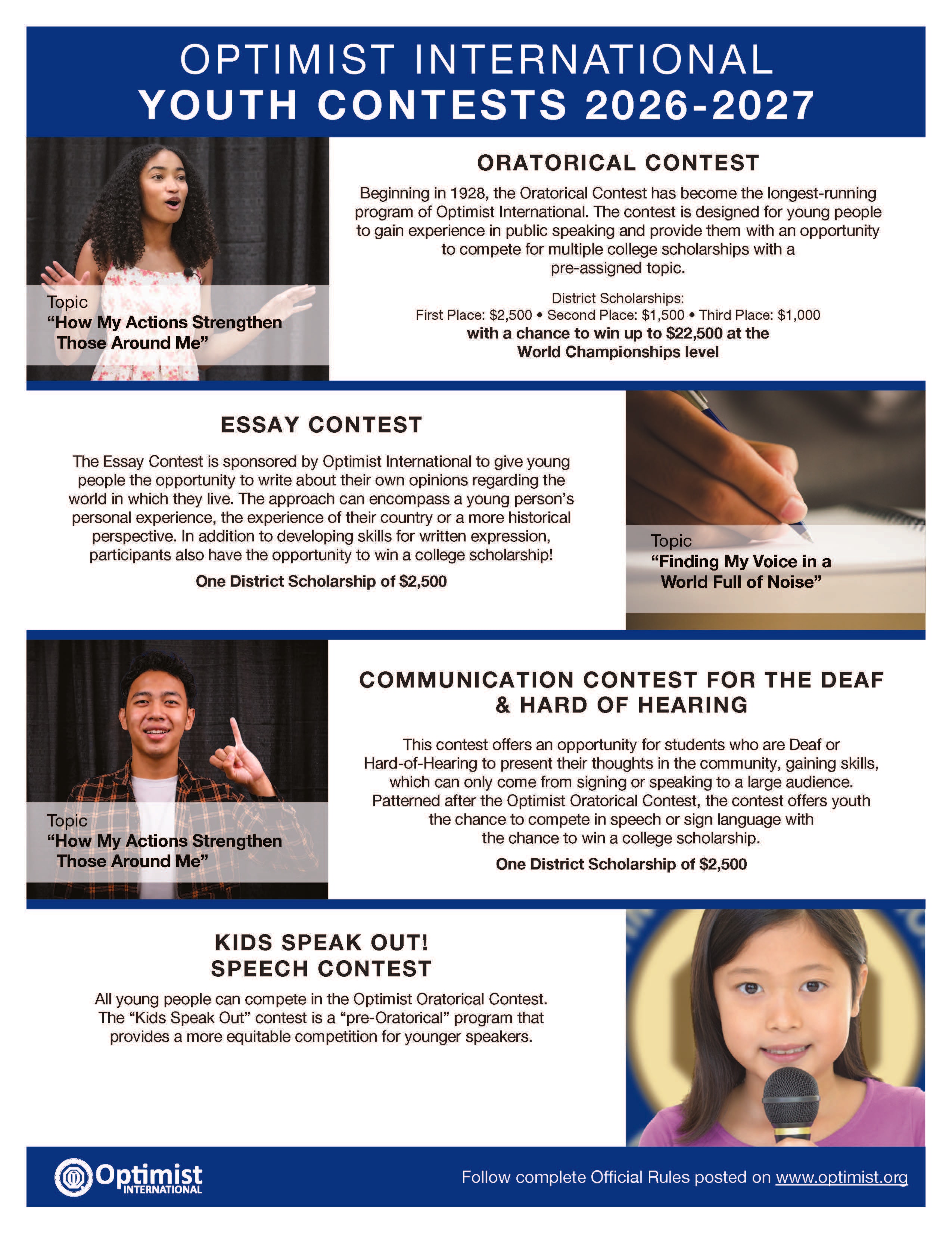 Optimist International Youth Contests 2026-2027 — Oratorical, Essay, Communication for Deaf and Hard of Hearing, and Kids Speak Out contests with scholarship details